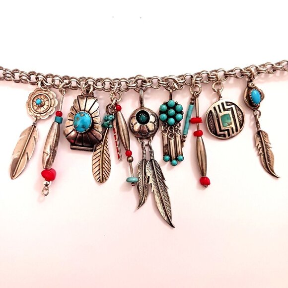 Handmade Artisan Native American Sterling Turquoise Coral Charm Necklace - Picture 4 of 8